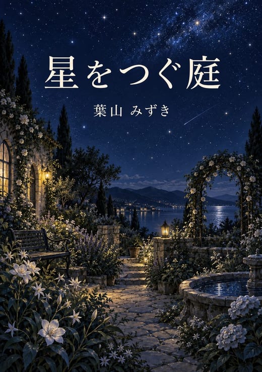 AI装丁デザインの見本(架空の本『星をつぐ庭』の表紙。書名・著者名入り)