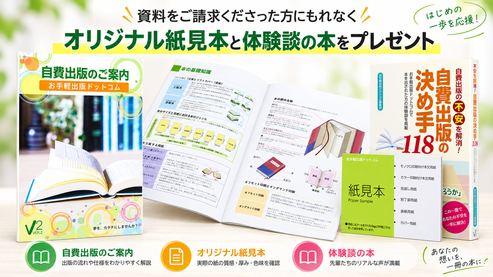 資料をご請求くださった方にもれなくオリジナル紙見本と体験談の本をプレゼント(自費出版のご案内・紙見本・『自費出版の決め手118』)